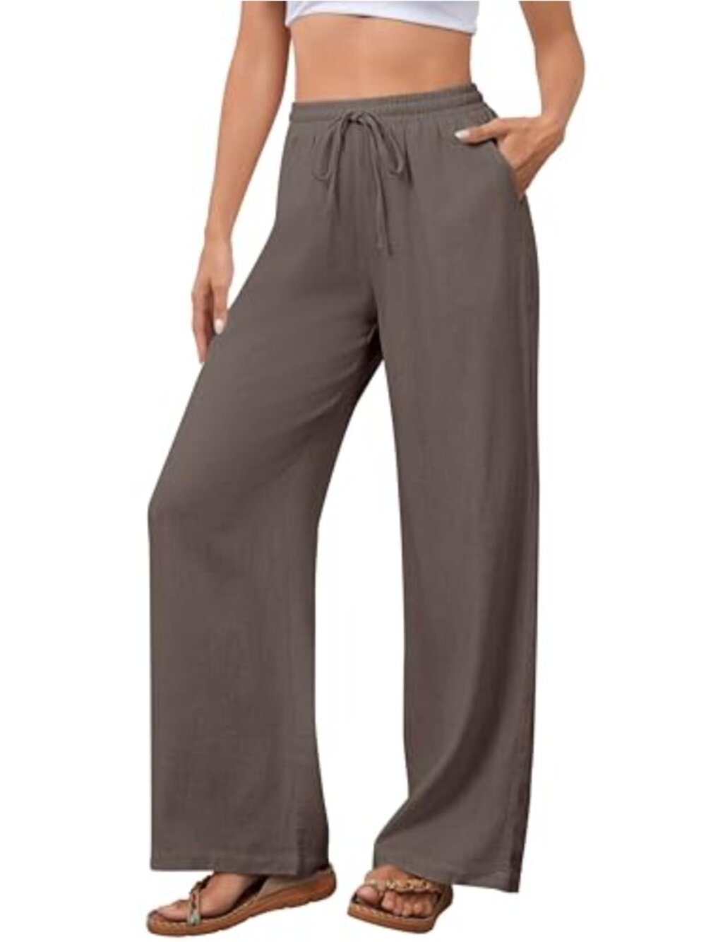 Cotton Linen Wide Leg Palazzo Pants High Waist Drawstring Beach